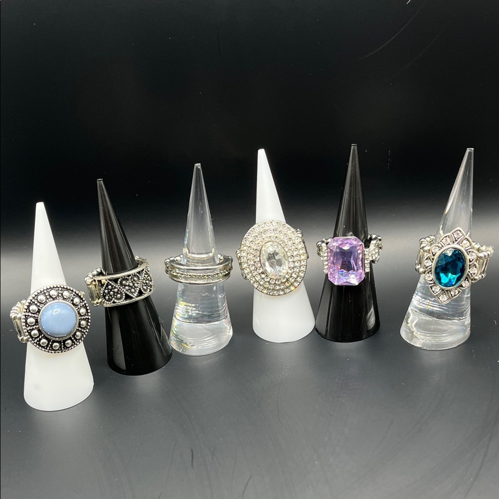 6 Stretchy Silver-Tone Gemstone Cocktail Ring — Blue, Purple, Clear Options